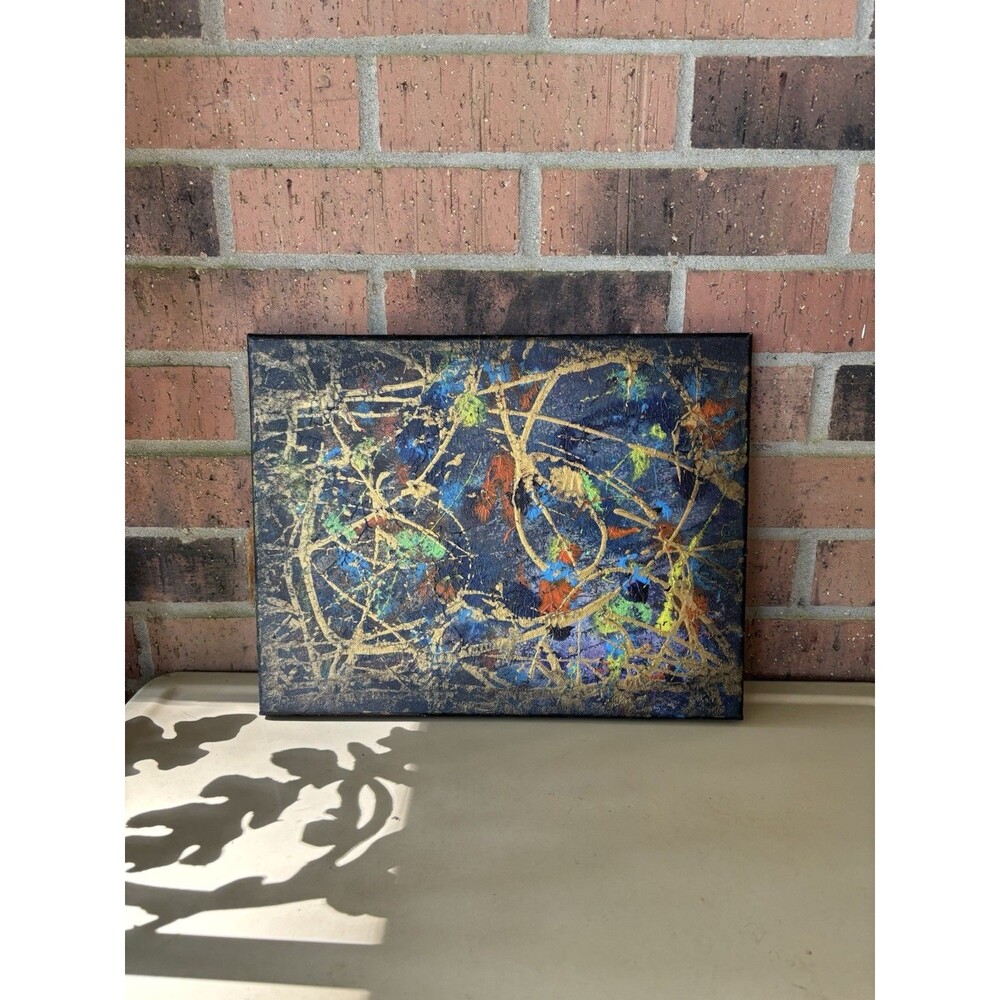 Original 11" X 14" Abstract Splatter Painting Canvas Blue Gold Modern Wall Art - Picture 5 of 7